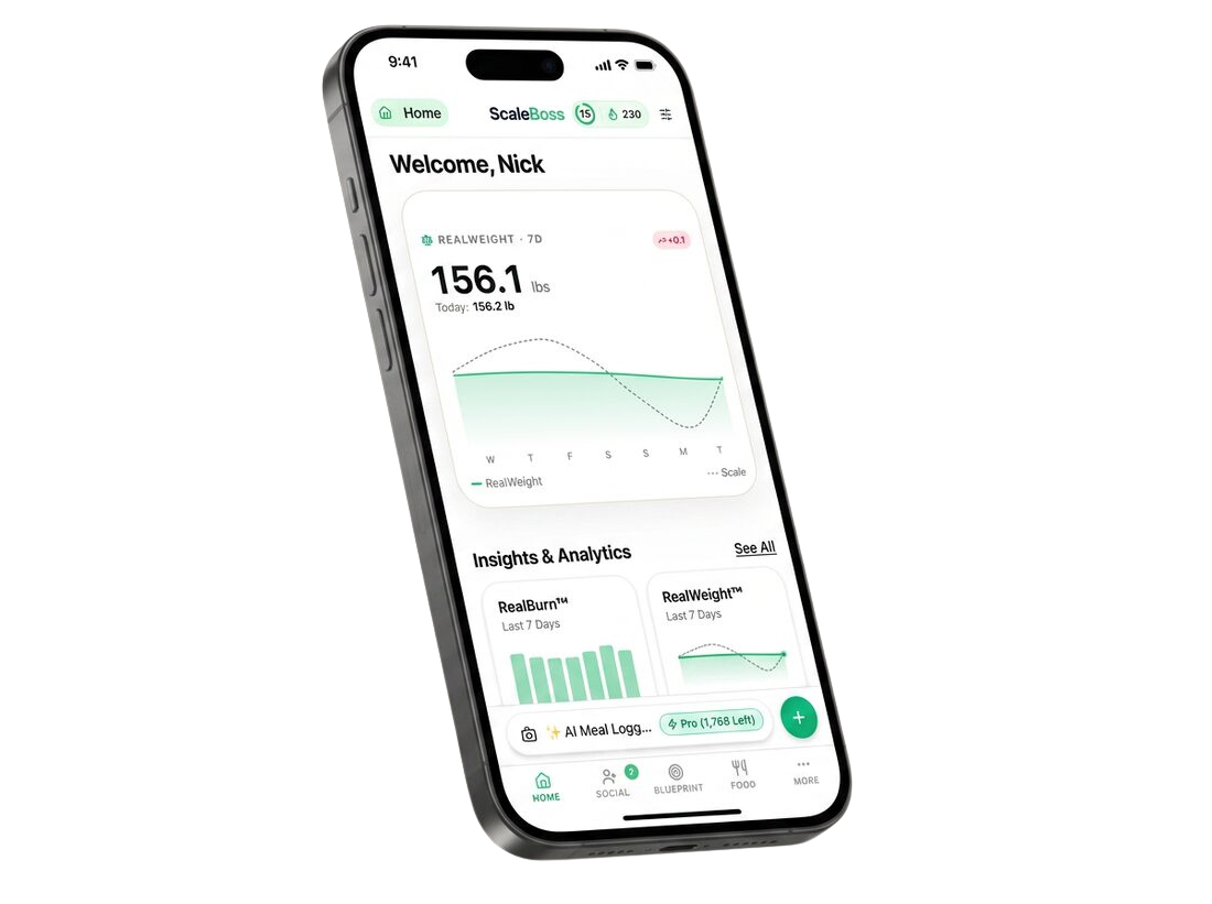 The ScaleBoss app shown on iPhone