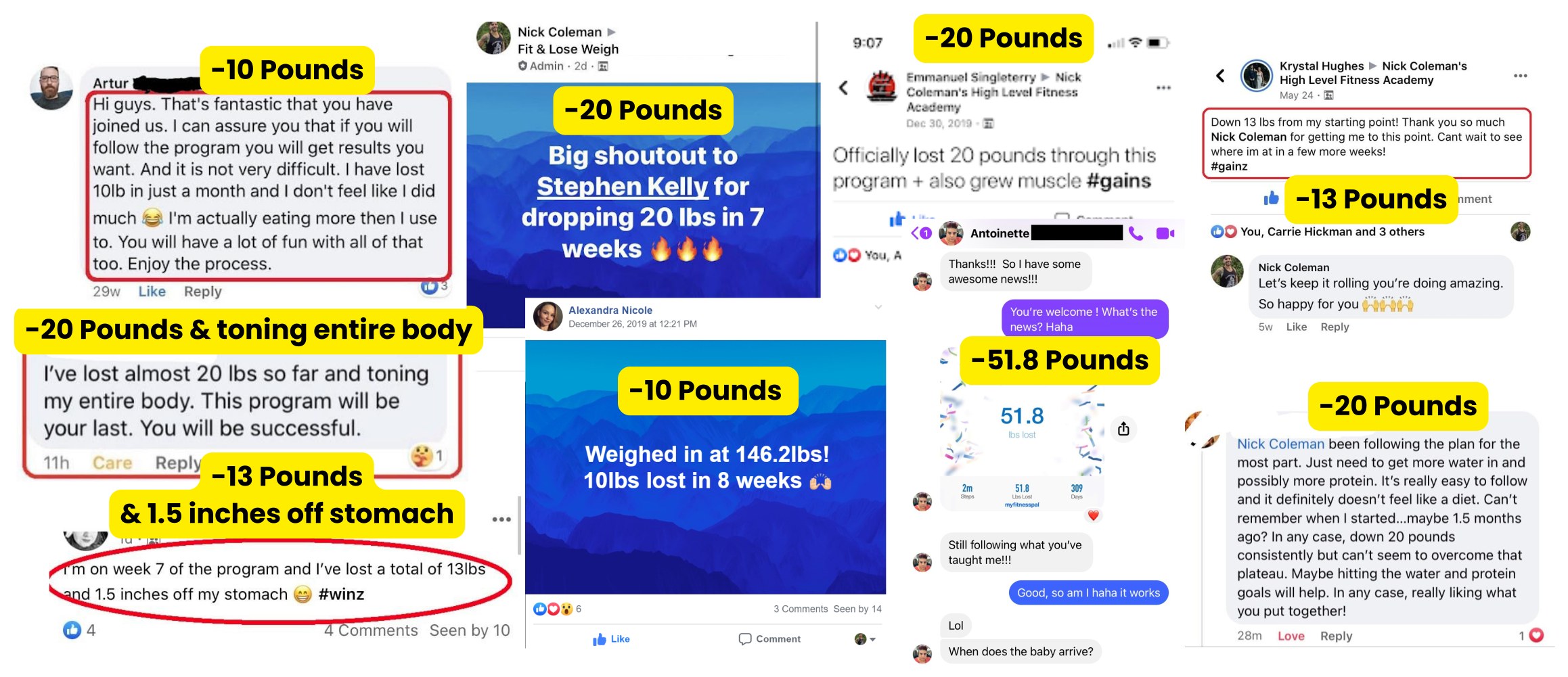 Social media posts from ScaleBoss clients sharing weight-loss results